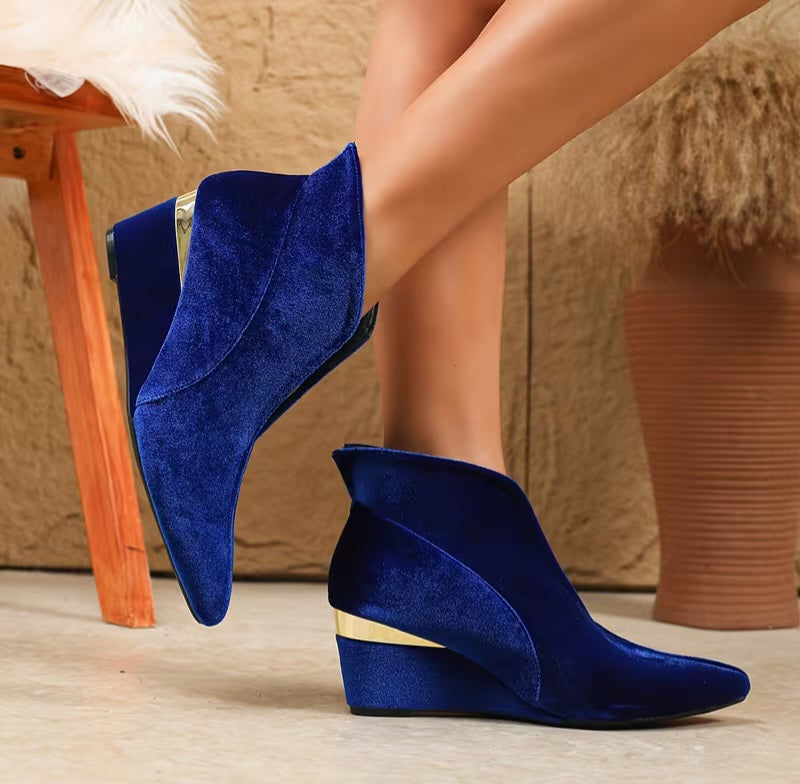 Chic Cobalt Blue Velvet Metallic Gold Detail Wedge Ankle Booties