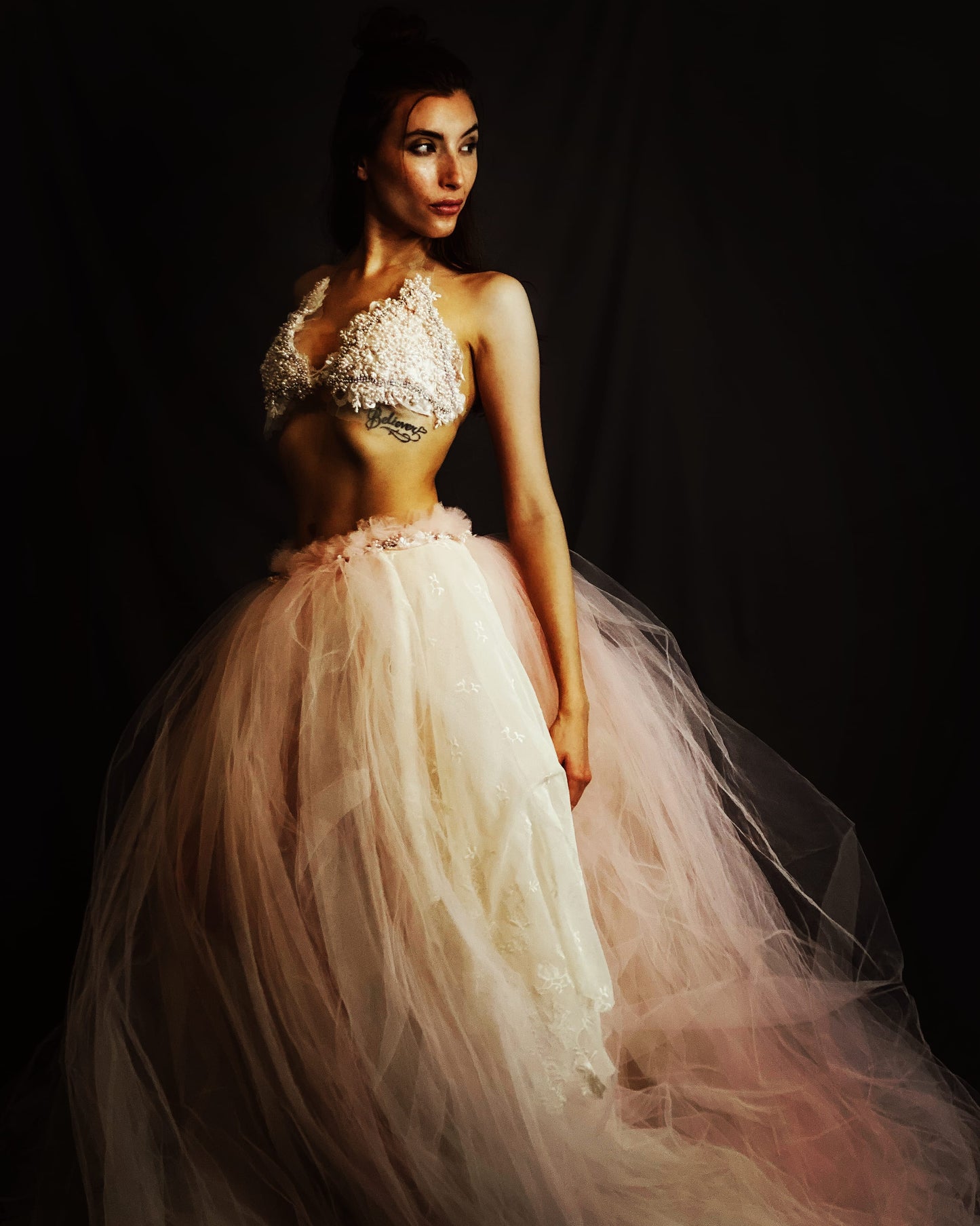 The "ALY RAE" Pink & Ivory Lace Pearl Crystal Beaded Tulle Bikini Beach Wedding Ballgown Set