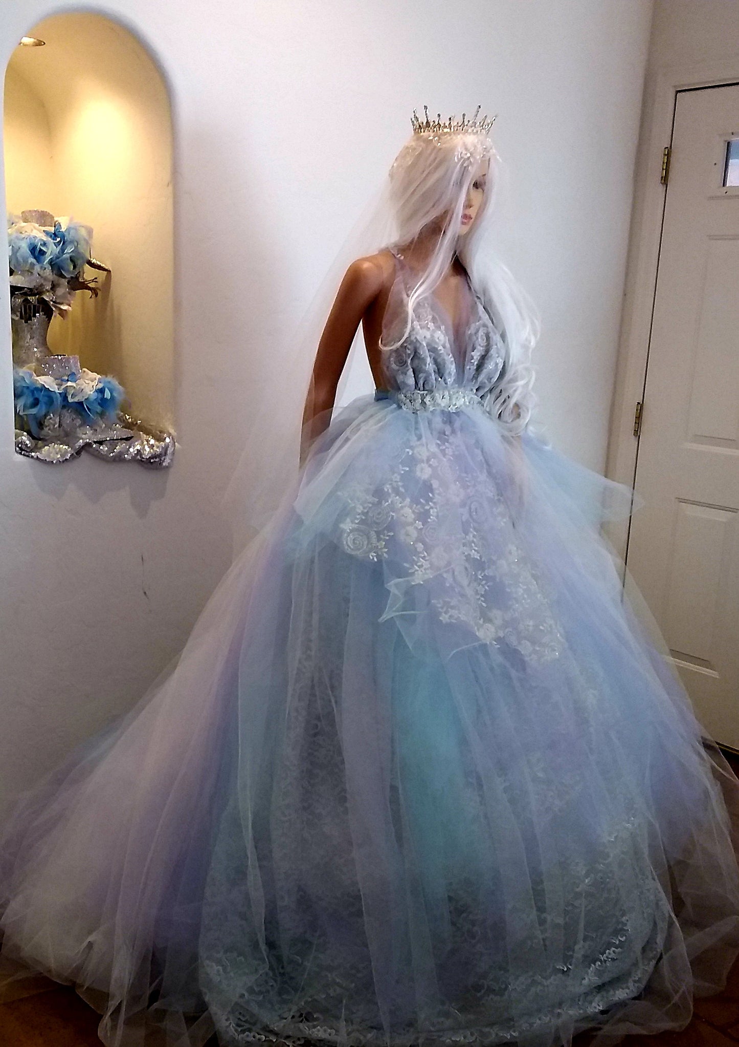 "MORWENNA" Lavender, Blue & White Lace & Tulle Wedding Ballgown Set