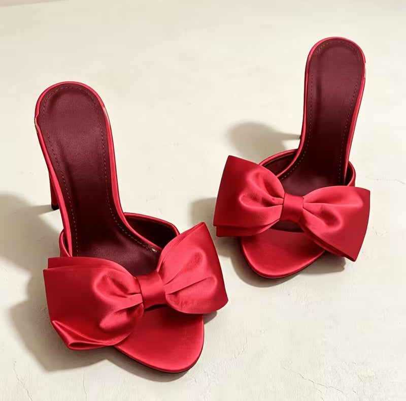 Flirty Romantic Red Bow Embellished Mules