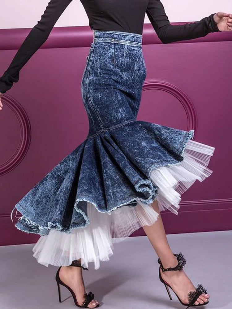 Sexy Dark Denim & Lace Mermaid Midi Skirt