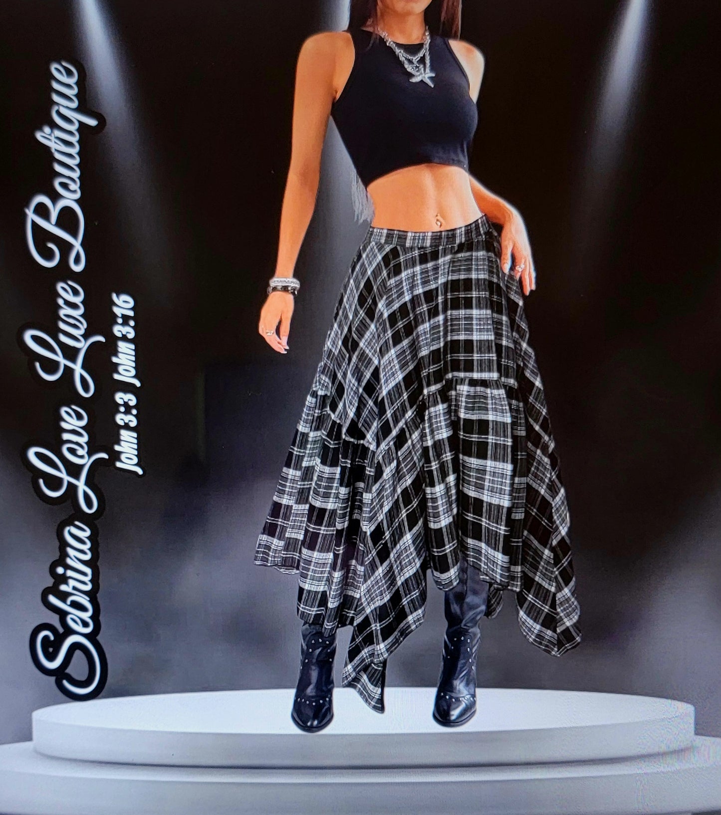Grunge Goth Black & White Plaid Asymmetrical Handkerchief Midi Skirt