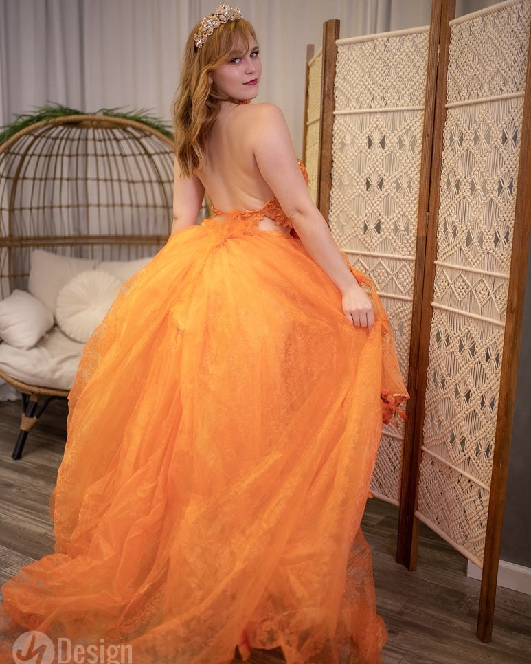 "HARVEST" Orange Organza Fall Leaves Crystal Wedding Ballgown Set (SAMPLE GOWN SET ONLY)