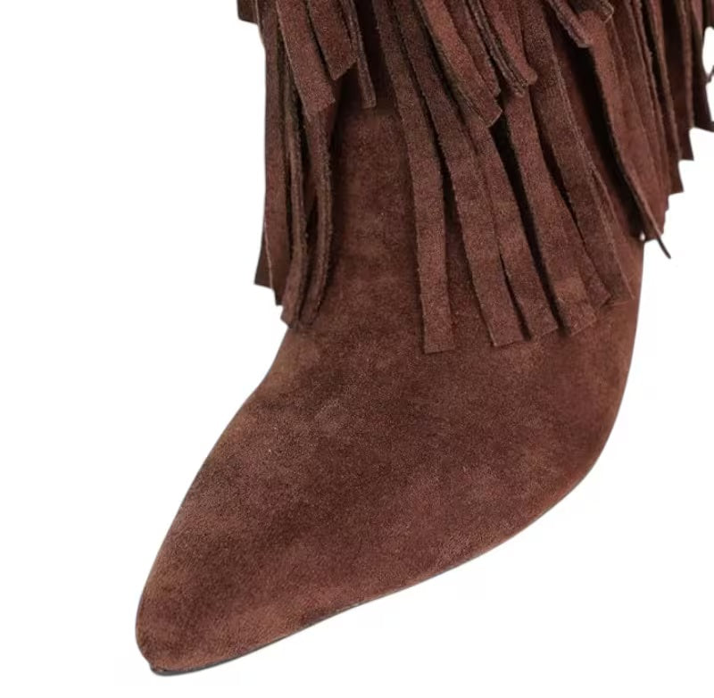 Boho Festival Chocolate Brown Fringe Heeled Boots