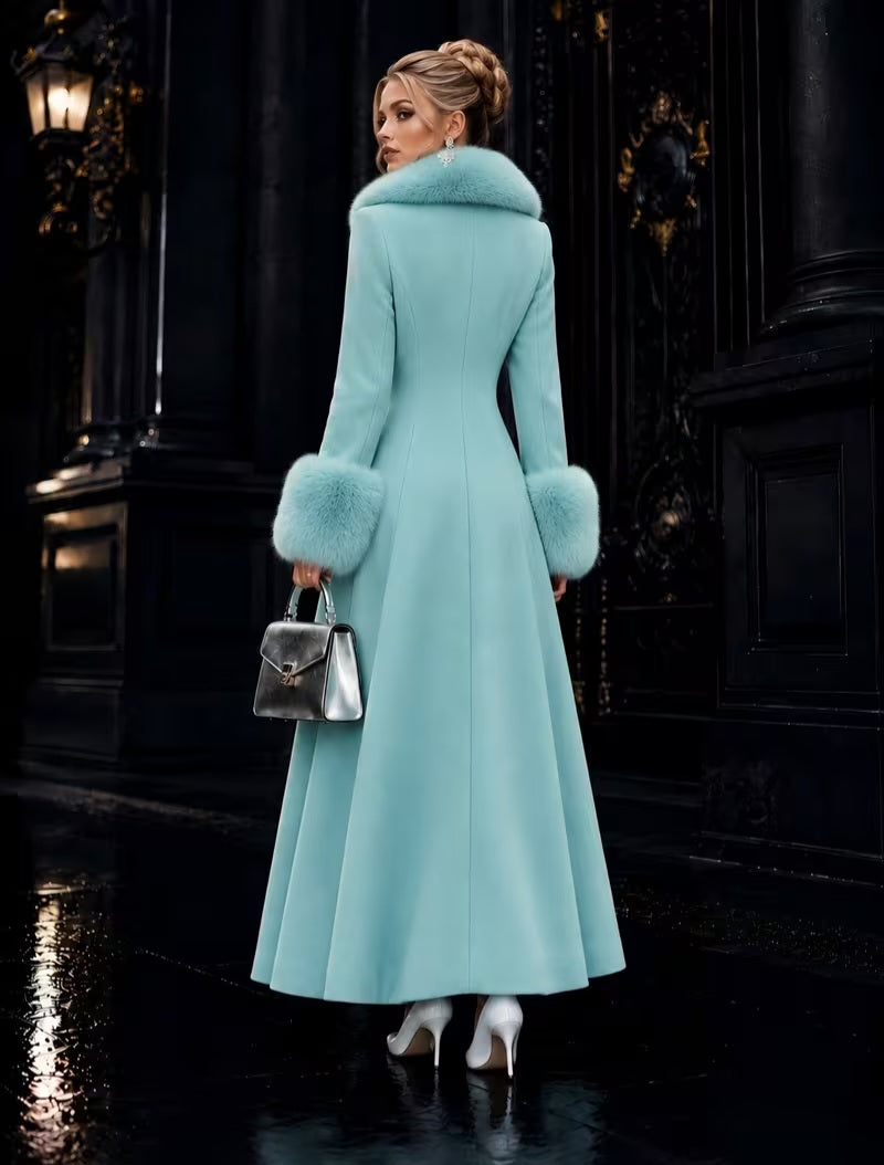Luxe Ocean Aqua Blue Mint Green Faux Fur Trim Midi Coat