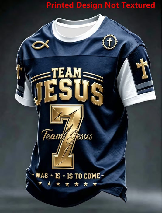 Inspirational "TEAM JESUS" Navy Blue & Gold Christian Printed Graphic Scripture Short Sleeve Football Jersey