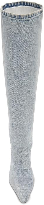 Chic Light Wash Blue Denim Kitten Heel Knee Boots