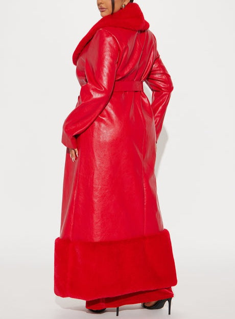 Luxe Red Faux Leather Faux Fur Trim Maxi Coat