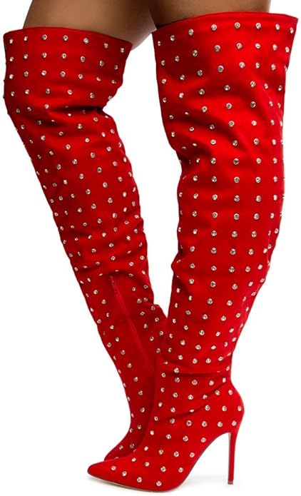 Red Rhinestone Crystal Diamante Over The Knee Thigh Boots