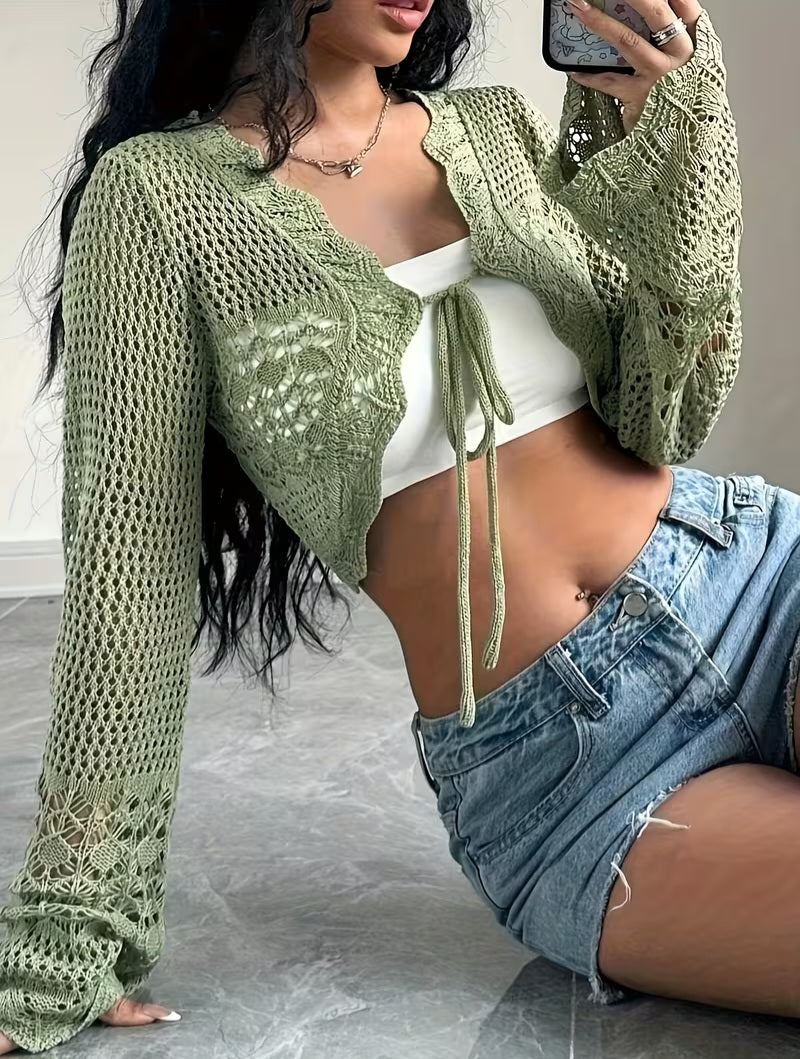 Cute Sage Green Crochet Bell Sleeve Cropped Sweater