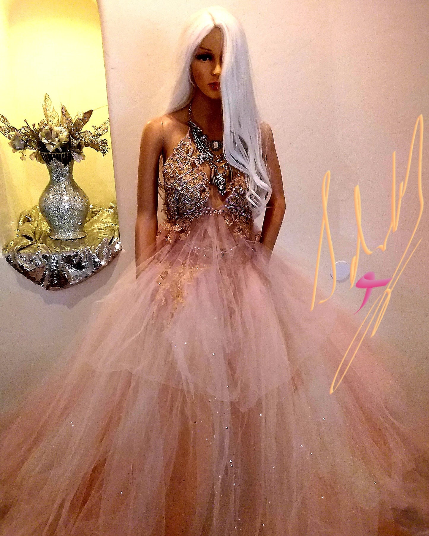 "ANNABELLA"Boho Blush Lace & Tulle Wedding Ballgown Set