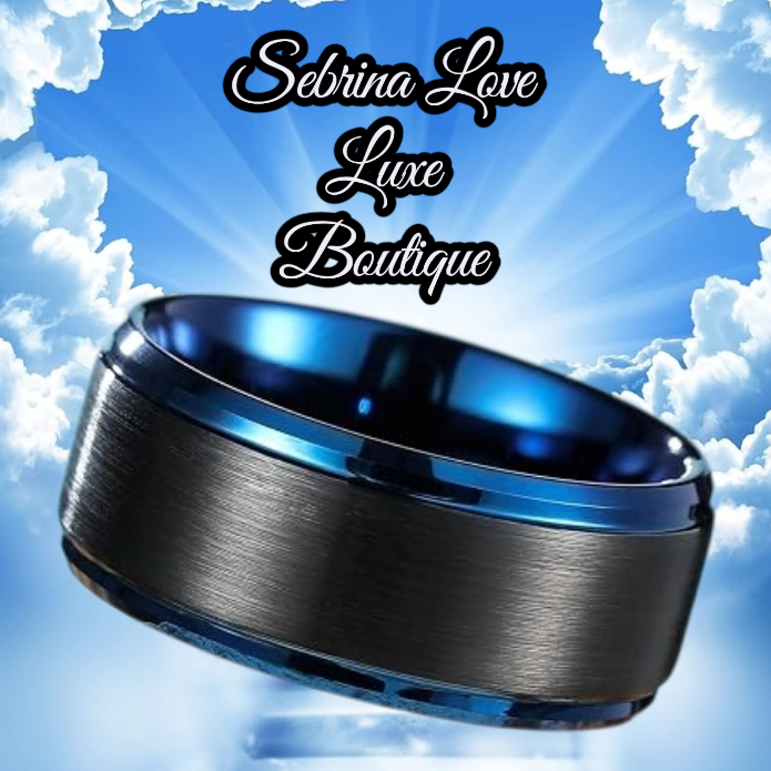 Handsome Gothic Romance Black & Blue Brushed Tungsten Ring Wedding Band