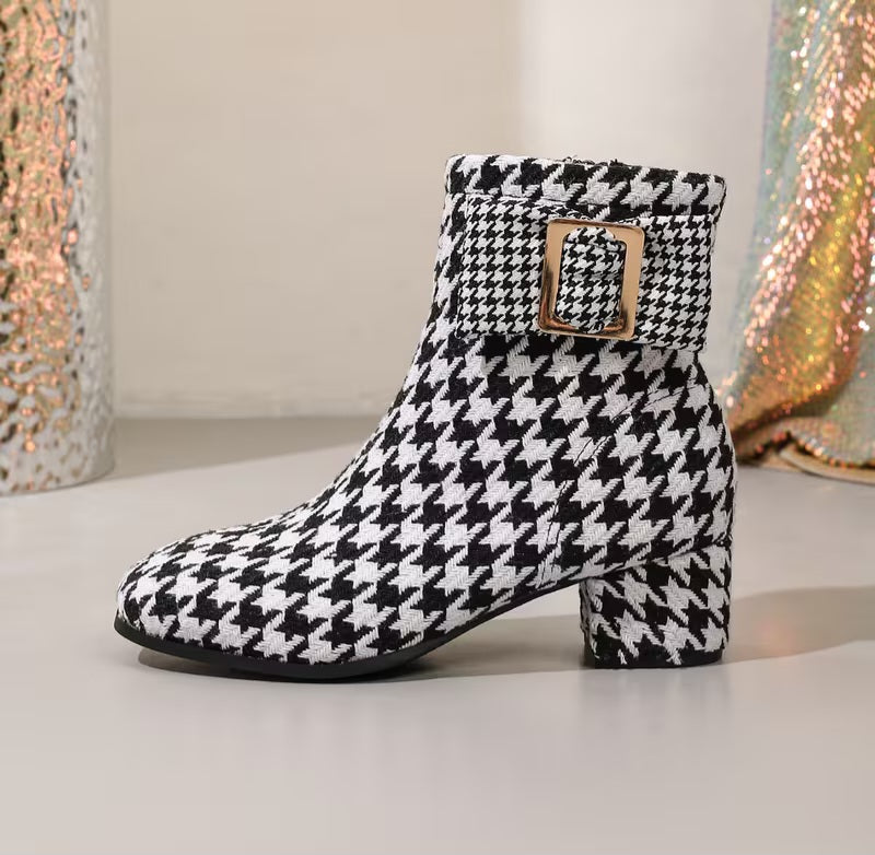 Classic Black & White Houndstooth Buckle Detail Low Block Heel Ankle Booties