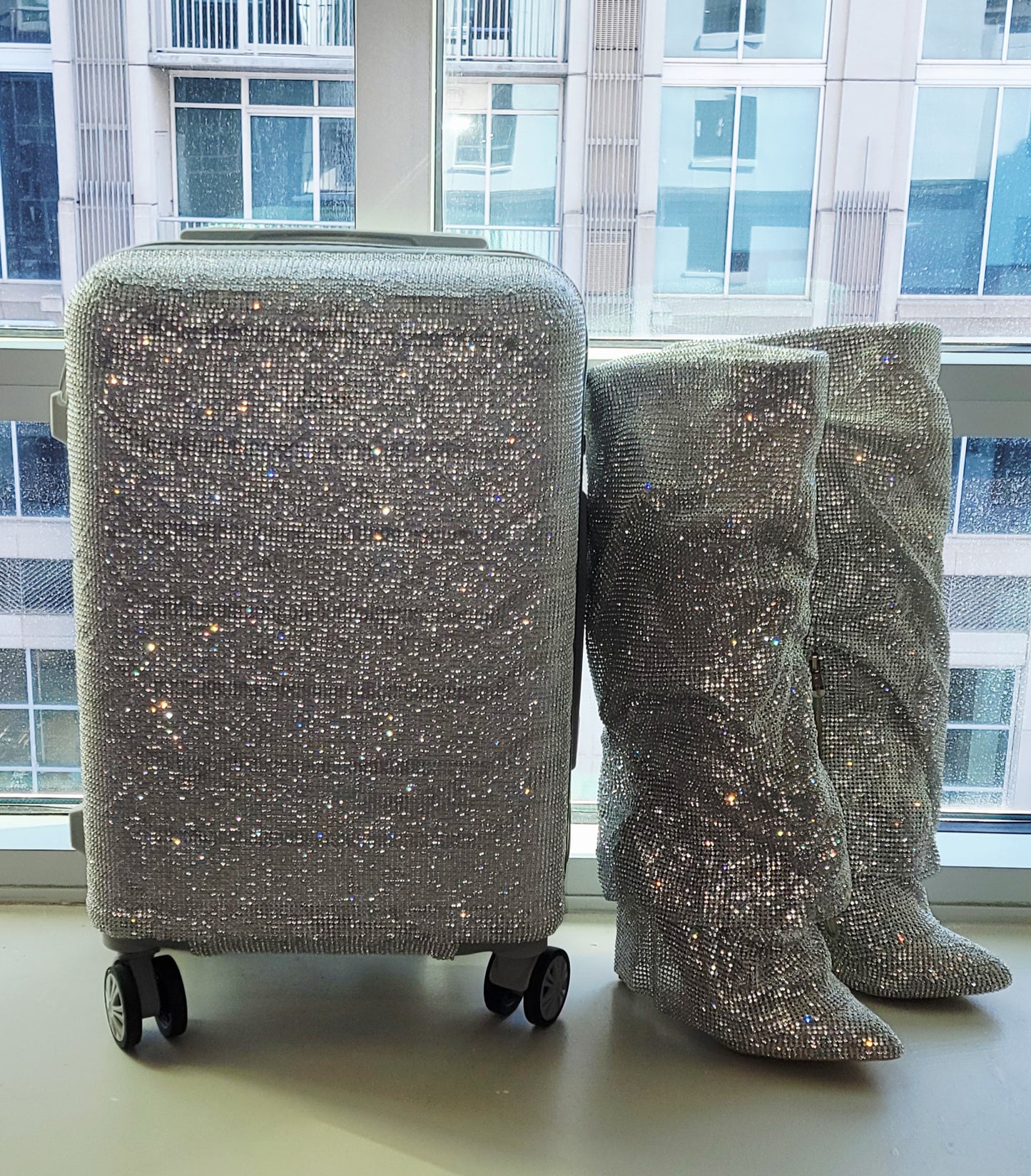 "NEW YORK HEIRESS" Custom Order Silver Rhinestone Crystal Diamante TSA size Approved Carry-on Luggage Case