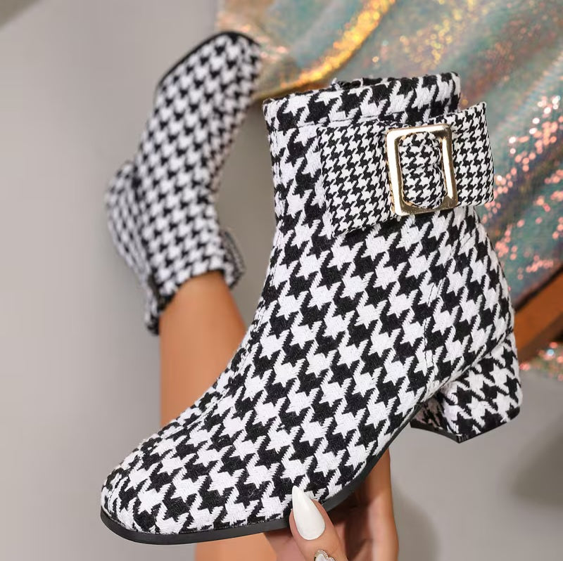 Classic Black & White Houndstooth Buckle Detail Low Block Heel Ankle Booties