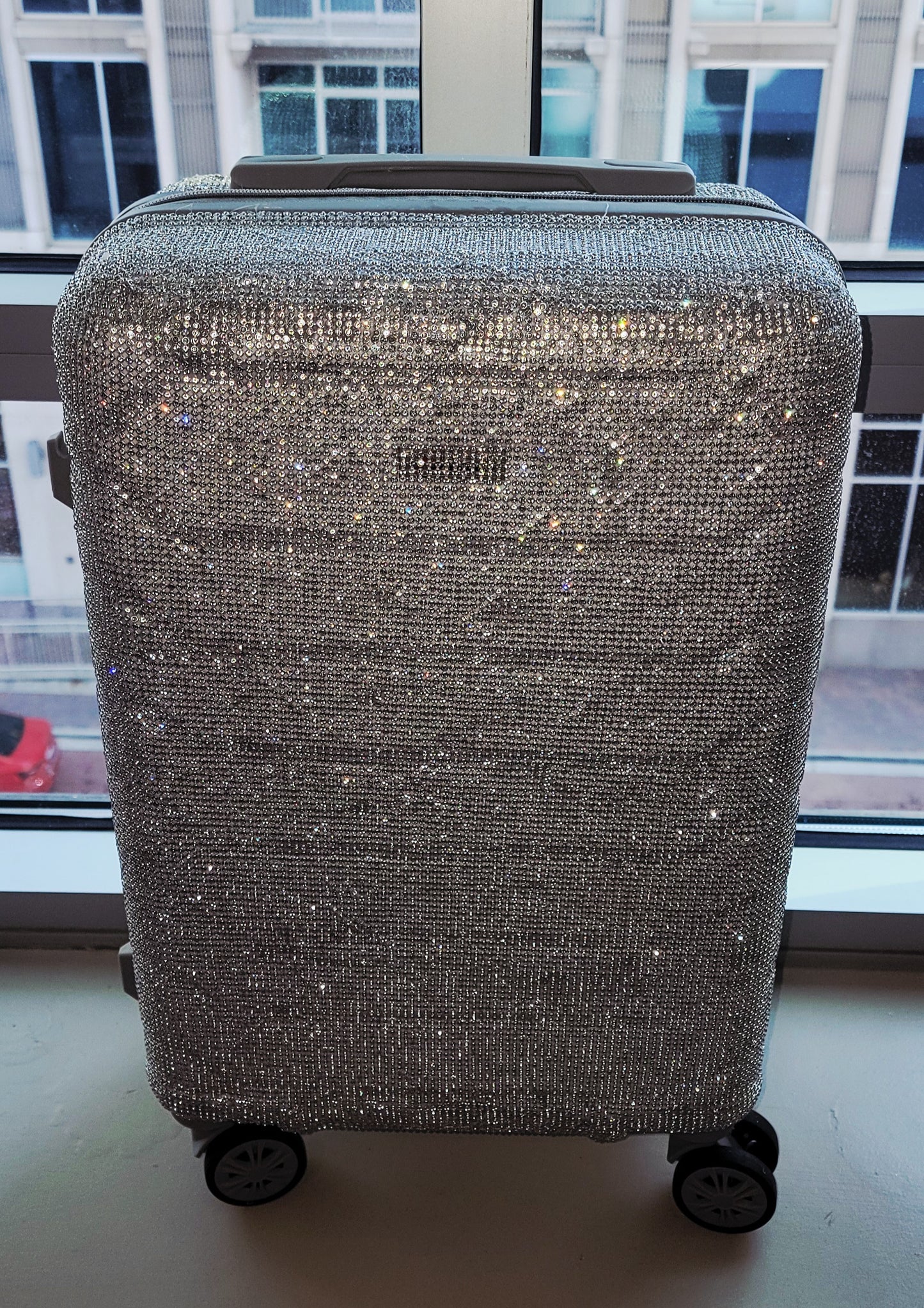 "NEW YORK HEIRESS" Custom Order Silver Rhinestone Crystal Diamante TSA size Approved Carry-on Luggage Case