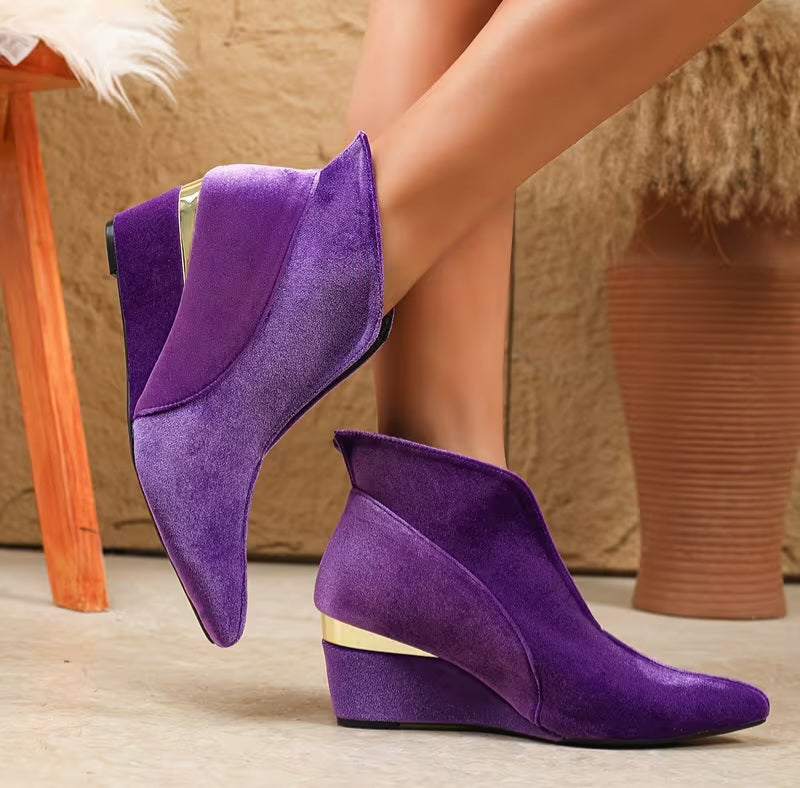 Chic Royal Purple Velvet Metallic Gold Detail Wedge Ankle Booties