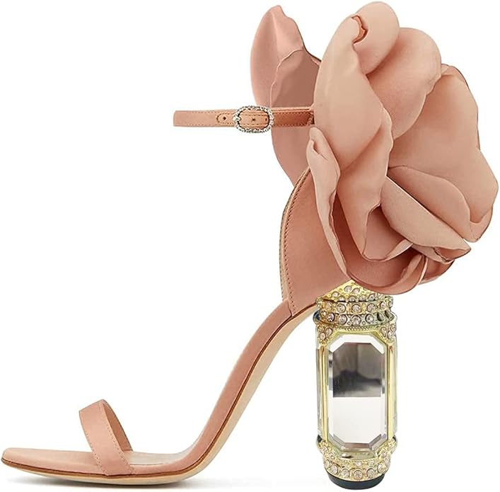 Romantic Blush Flower Embellished Bejeweled Ankle Strap Heels