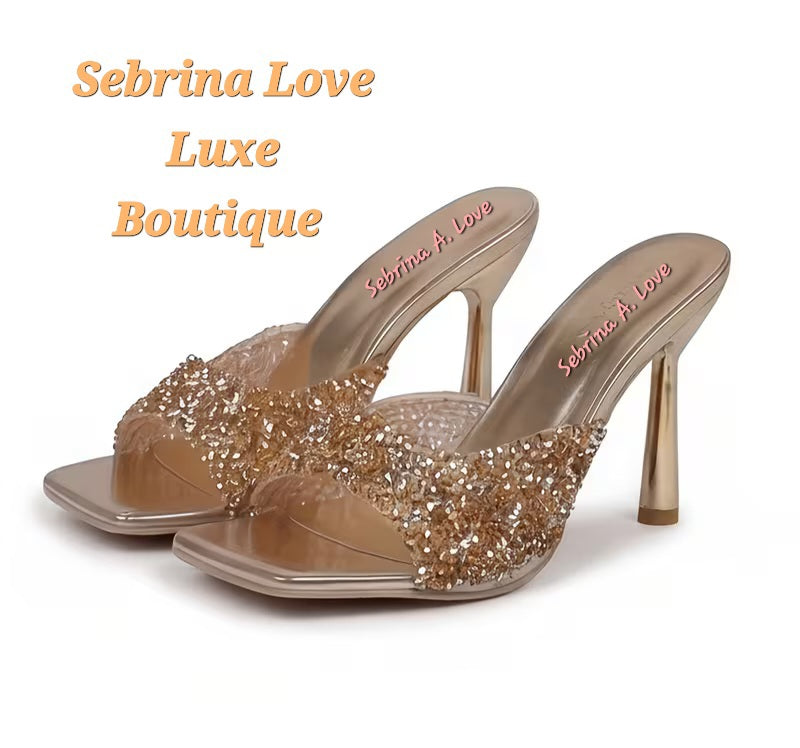 Flirty Rose Gold Beaded Mules Heels