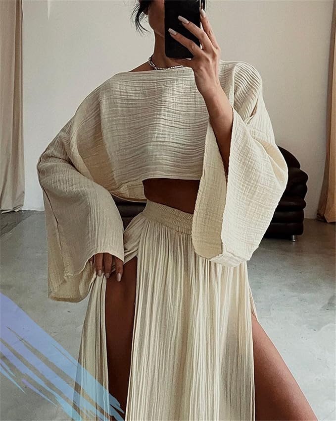 Boho Ivory 2 Piece Crop Top & Maxi Skirt Set