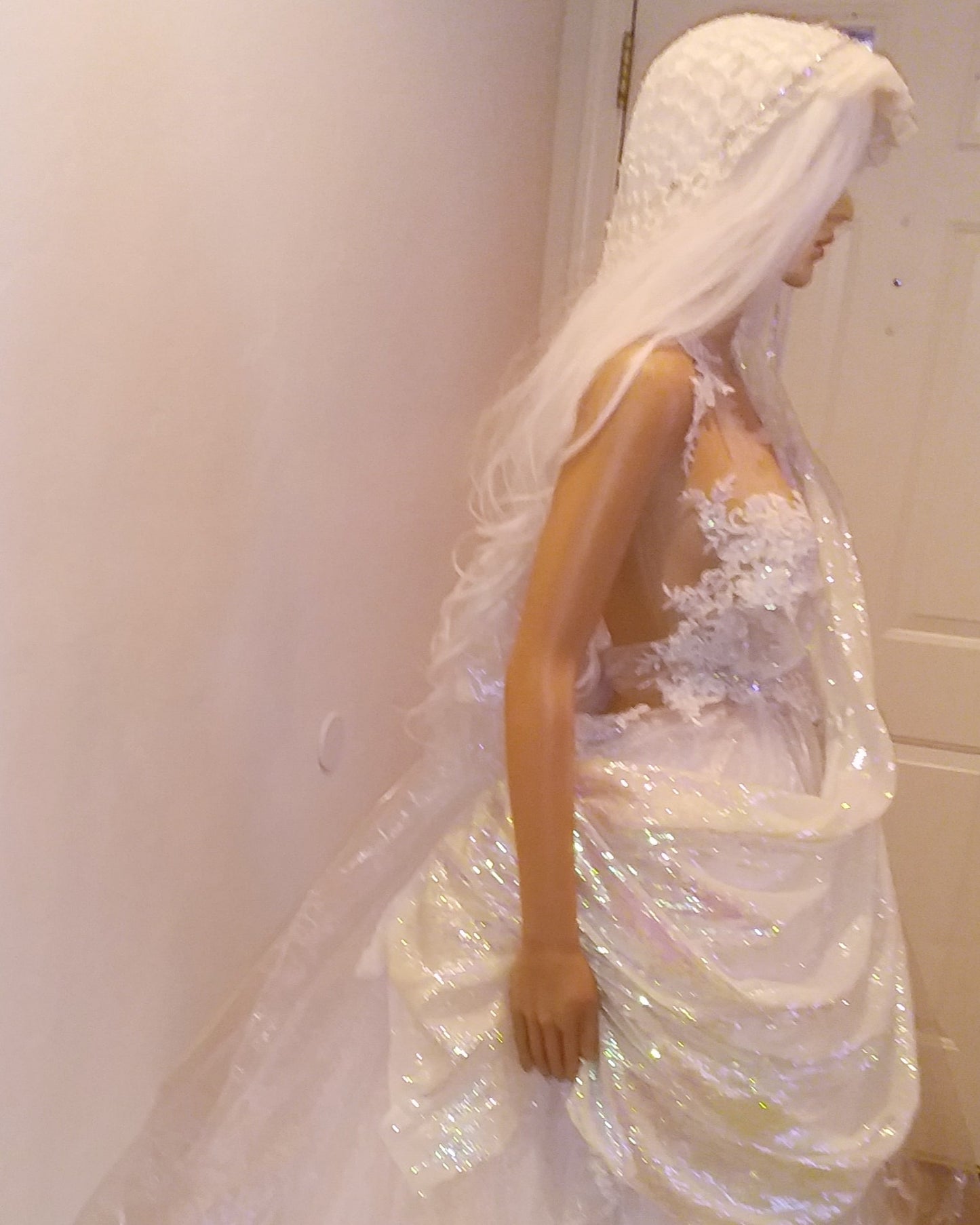 Exotic "ANIKA" White Lace & Tulle Sequin Lehenga Saree Wedding Ballgown Set