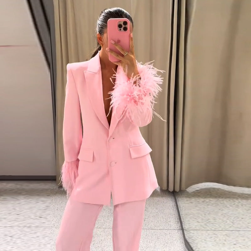 Beautiful Baby Pink Feather Cuff Blazer Jacket & Pants Suit Set