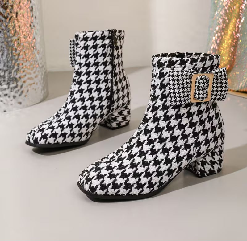 Classic Black & White Houndstooth Buckle Detail Low Block Heel Ankle Booties