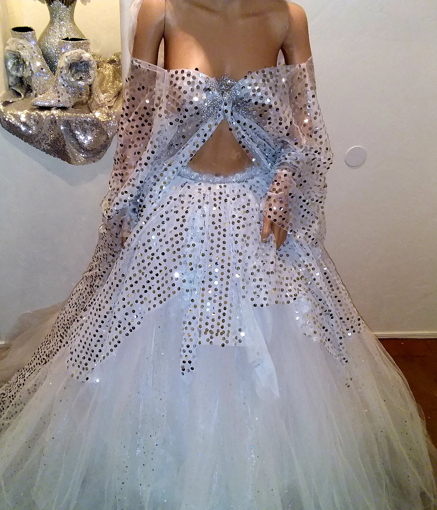 The 💎ISOLDE💎 White & Silver Sequin Crystal Kimono Wedding Ballgown Set