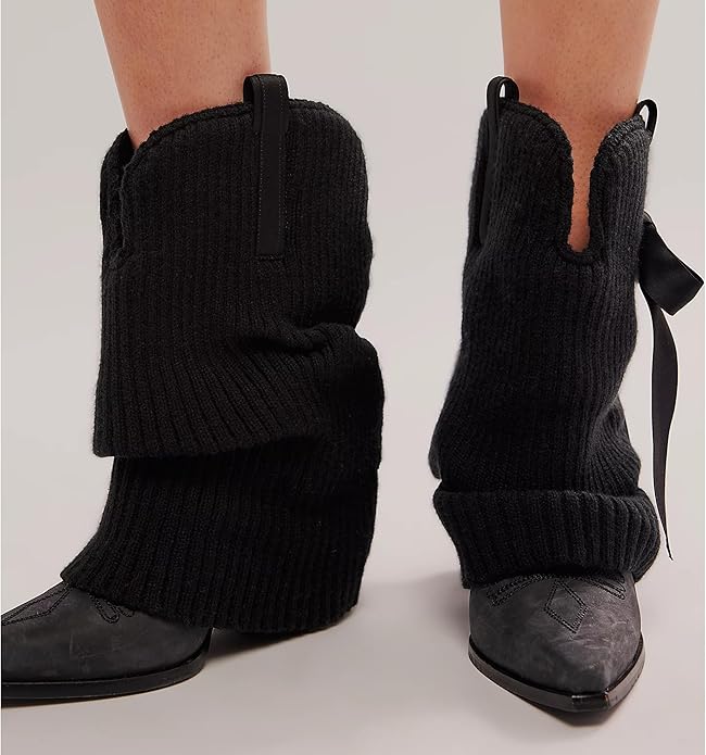 Black Ballet Inspired Boho Festival Knit Foldover Western Boots