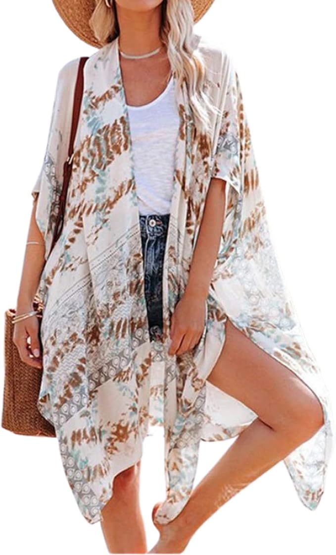 Exotic Boho Festival Tan Multicolor Tie Dye Print Kimono