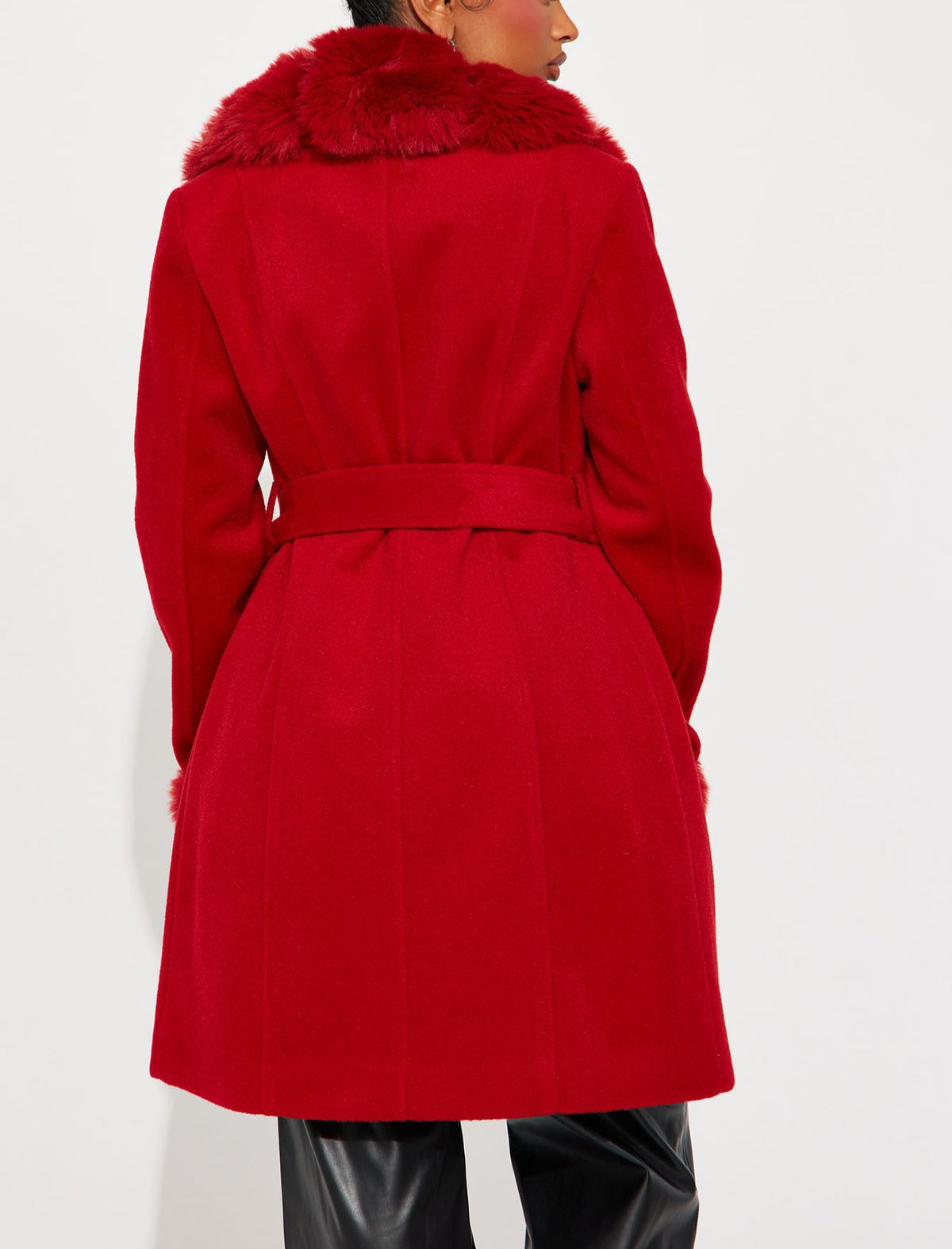 Luxe Red Faux Fur Trim Midi Coat