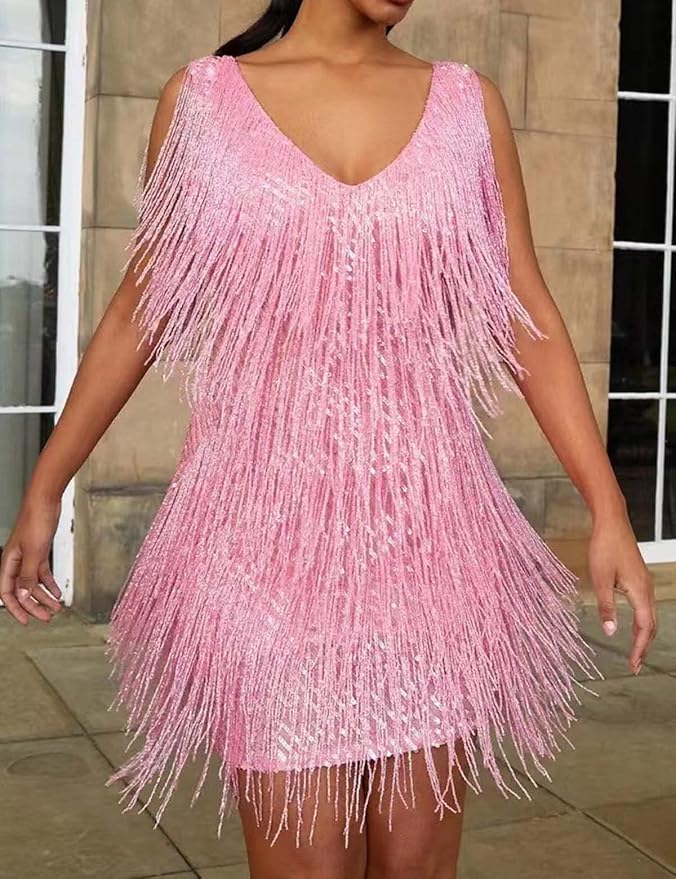 Sexy Light Pink Fringe Party Dress