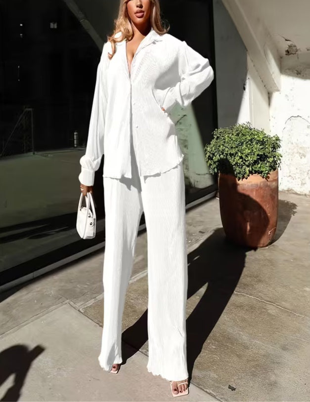 Chic White Pleated Tunic Button Closure & Pants Set