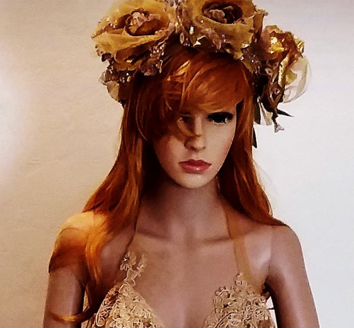 Ethereal Boho Metallic Gold Rose Floral Embroidered Beaded Lace Crystal Bejeweled Bridal Headpiece