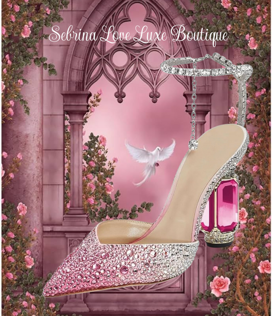 Gorgeous Gradiant Pink to Silver Crystal Diamante Bejeweled Ankle Strap Heels