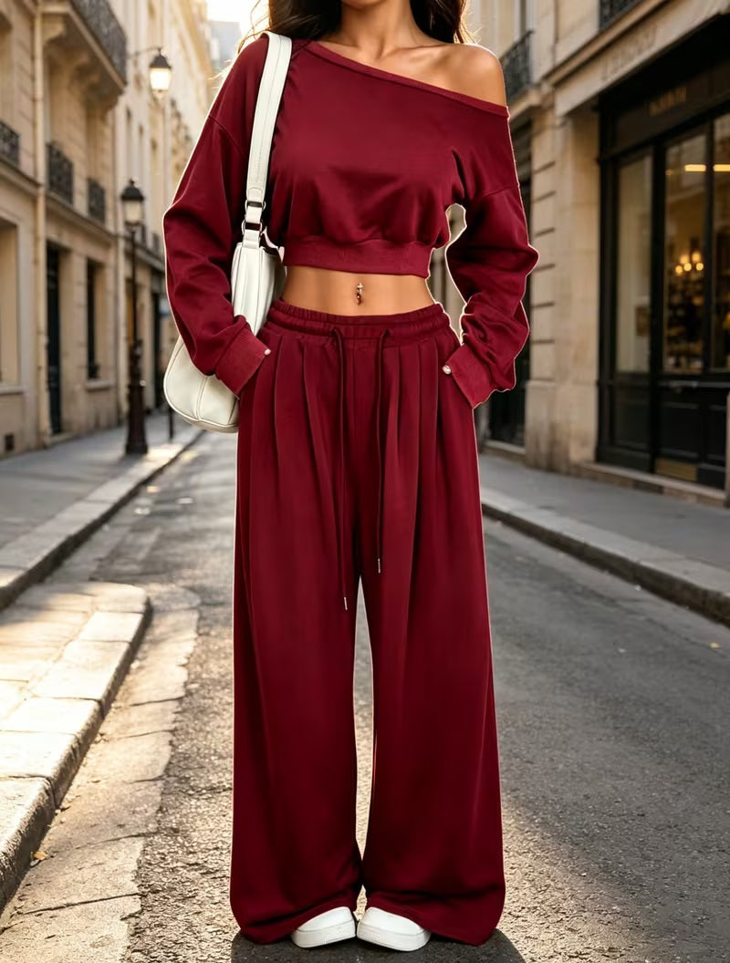 Cozy Deep Red Cropped Sweatshirt & Wide Leg Jogger Set
