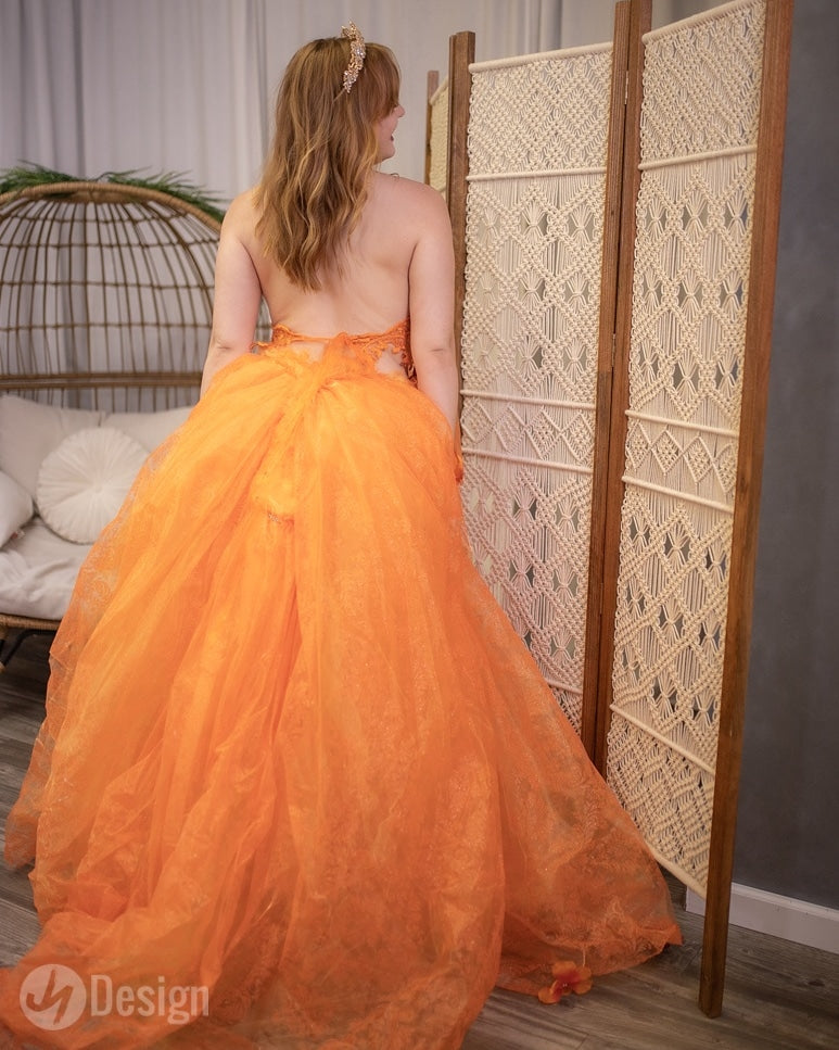 "HARVEST" Orange Organza Fall Leaves Crystal Wedding Ballgown Set (SAMPLE GOWN SET ONLY)