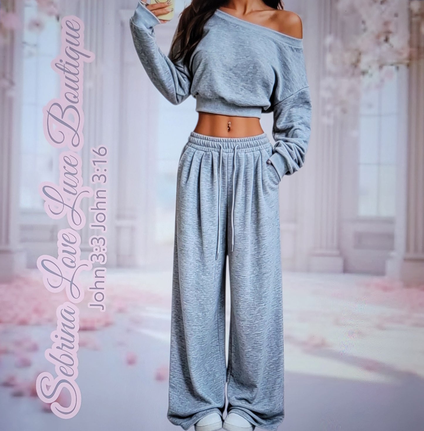 Cozy Gray Cropped Sweatshirt & Wide Leg Jogger Set