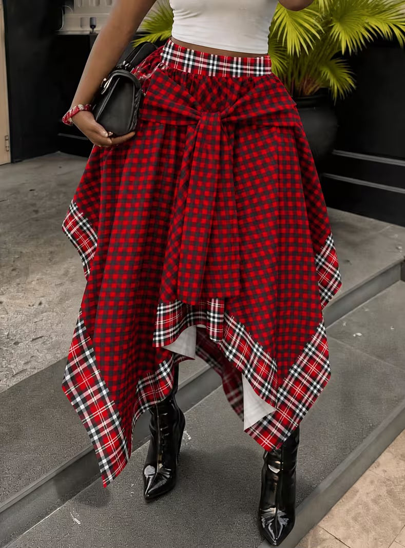 Grunge Goth Red & Black Plaid Asymmetrical Handkerchief Midi Maxi Skirt