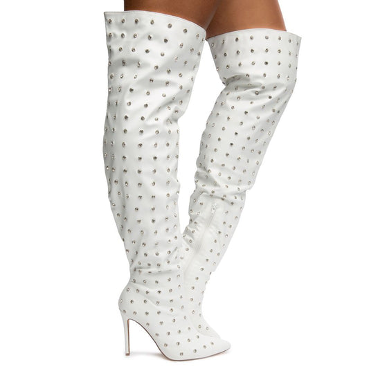 White Rhinestone Crystal Diamante Over The Knee Thigh Boots