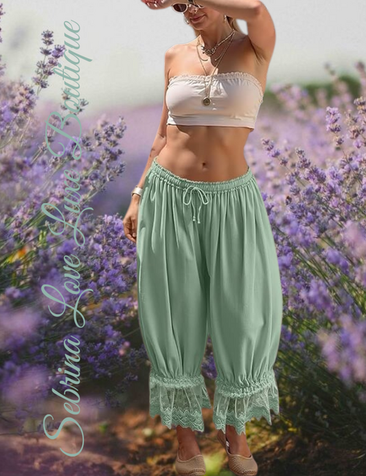 Romantic Victorian Inspired Mint Green Boho Wide Leg Pantaloon Bloomer Harem Pants