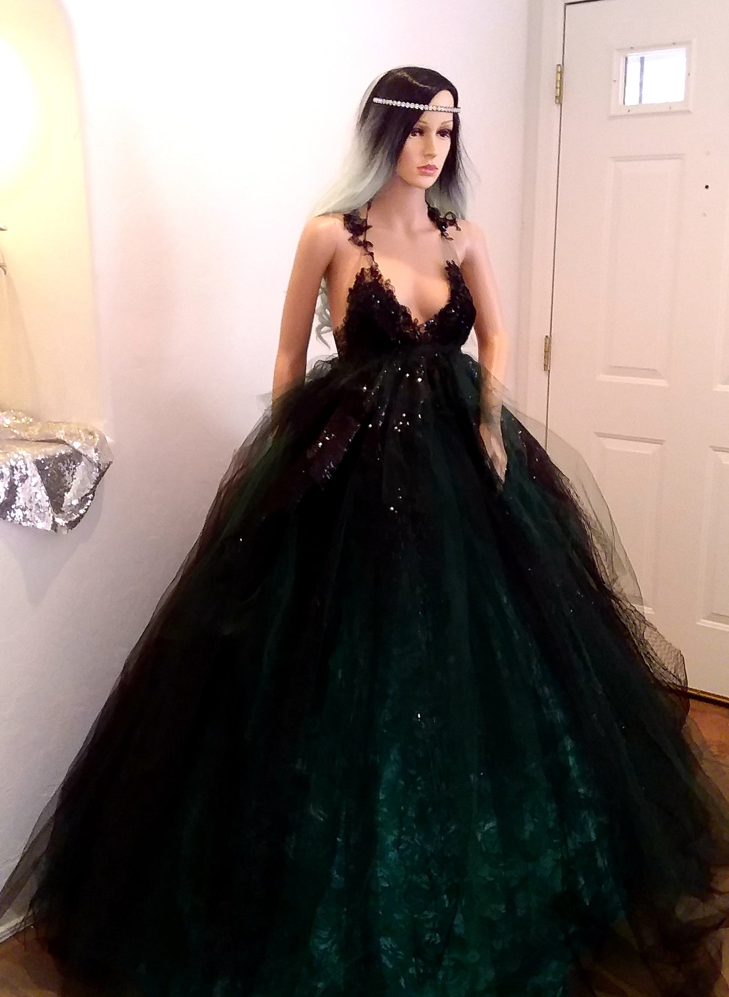 "ESPERANZA" Gothic Romance Black & Green Sequin Lace Tulle 3D Rosette Wedding Ballgown Set (SAMPLE GOWN SET)