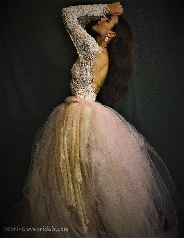The "SA RAH" Ballerina Inspired Blush Pink & Ivory Lace Pearl Crystal Beaded Tulle Wedding Ballgown Set