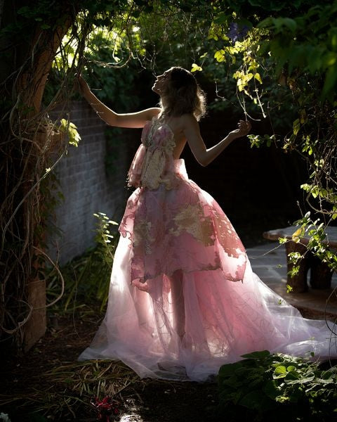 "SARAH JESSICA" Pink White & Gold organza Brocade Lace Crystal Beaded Wedding Ballgown Set