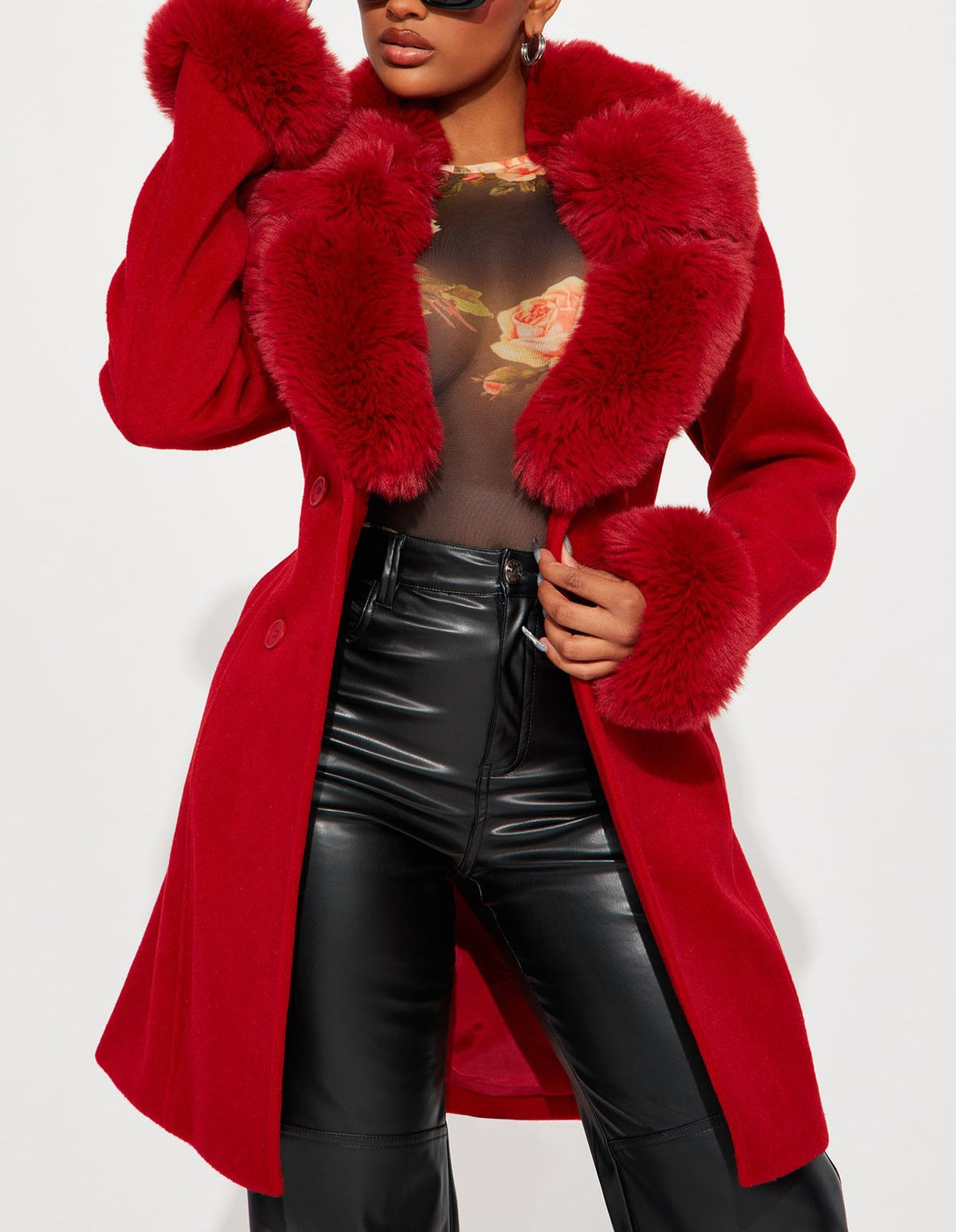 Luxe Red Faux Fur Trim Midi Coat
