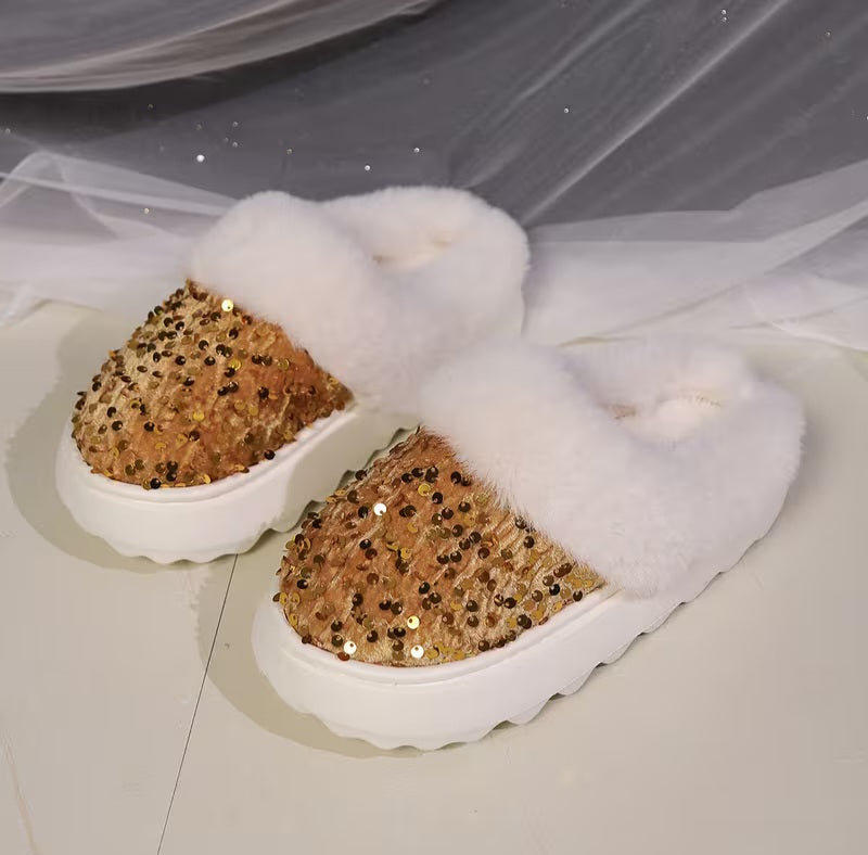Stylish Gold Sequin Velvet White Faux Fur Trim Outdoor Winter Slip On Flats
