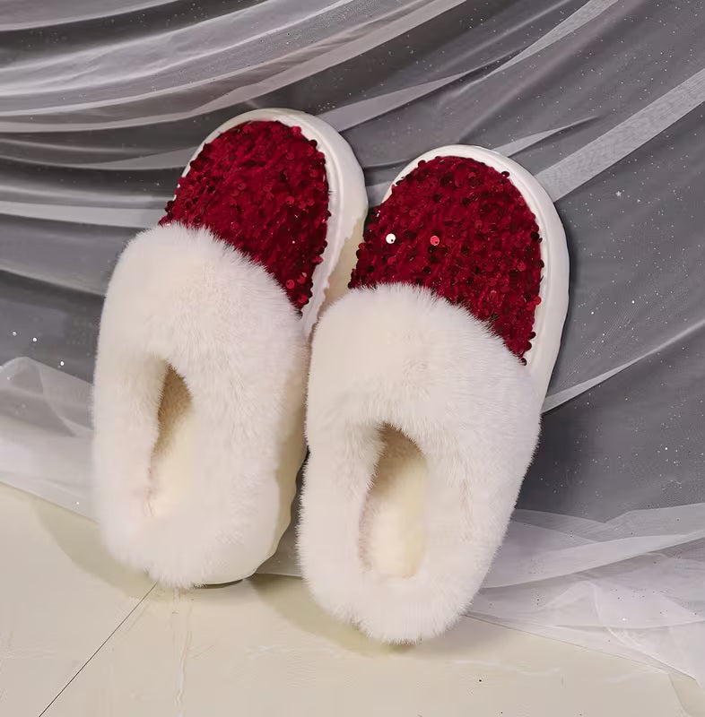 Stylish Red Sequin Velvet White Faux Fur Trim Winter Slippers
