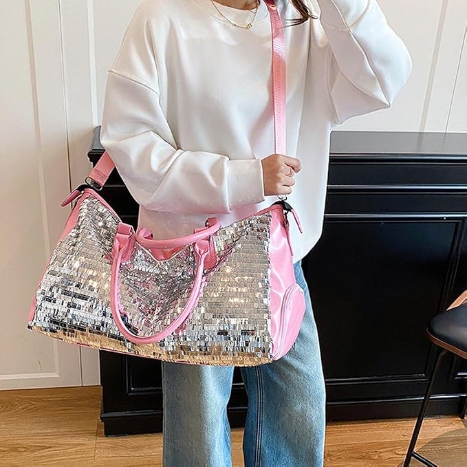 Beautiful Sparkling Silver & Pink Sequin Carry-on Overnight Luggage Bag