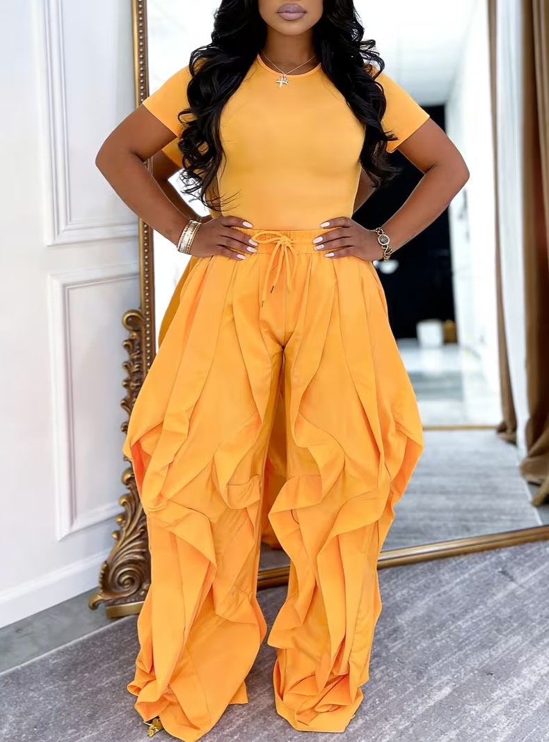 Luxe Orange Gold Ruffled Boho Flowy Wide Leg Pants