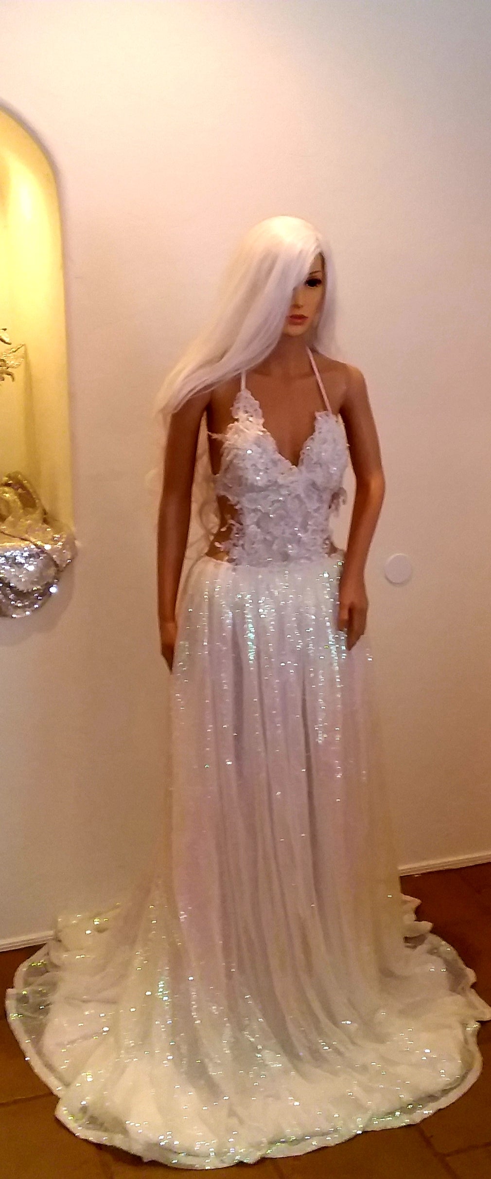 "MARIE" Iridescent White Sequined Lace Wedding Ballgown Set